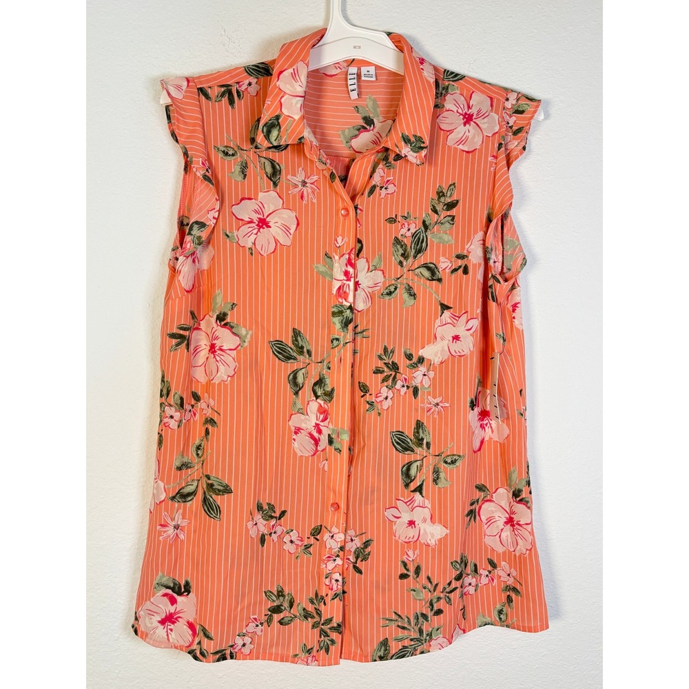 Elle Womens Sleeveless Button Down Blouse Orange Floral Pinstripe Ruffle M